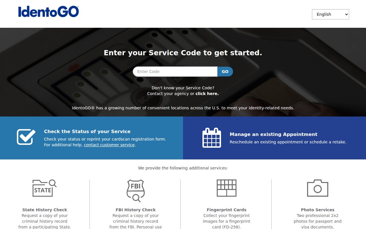 IdentoGO service-code enrollment screen for fingerprint checks